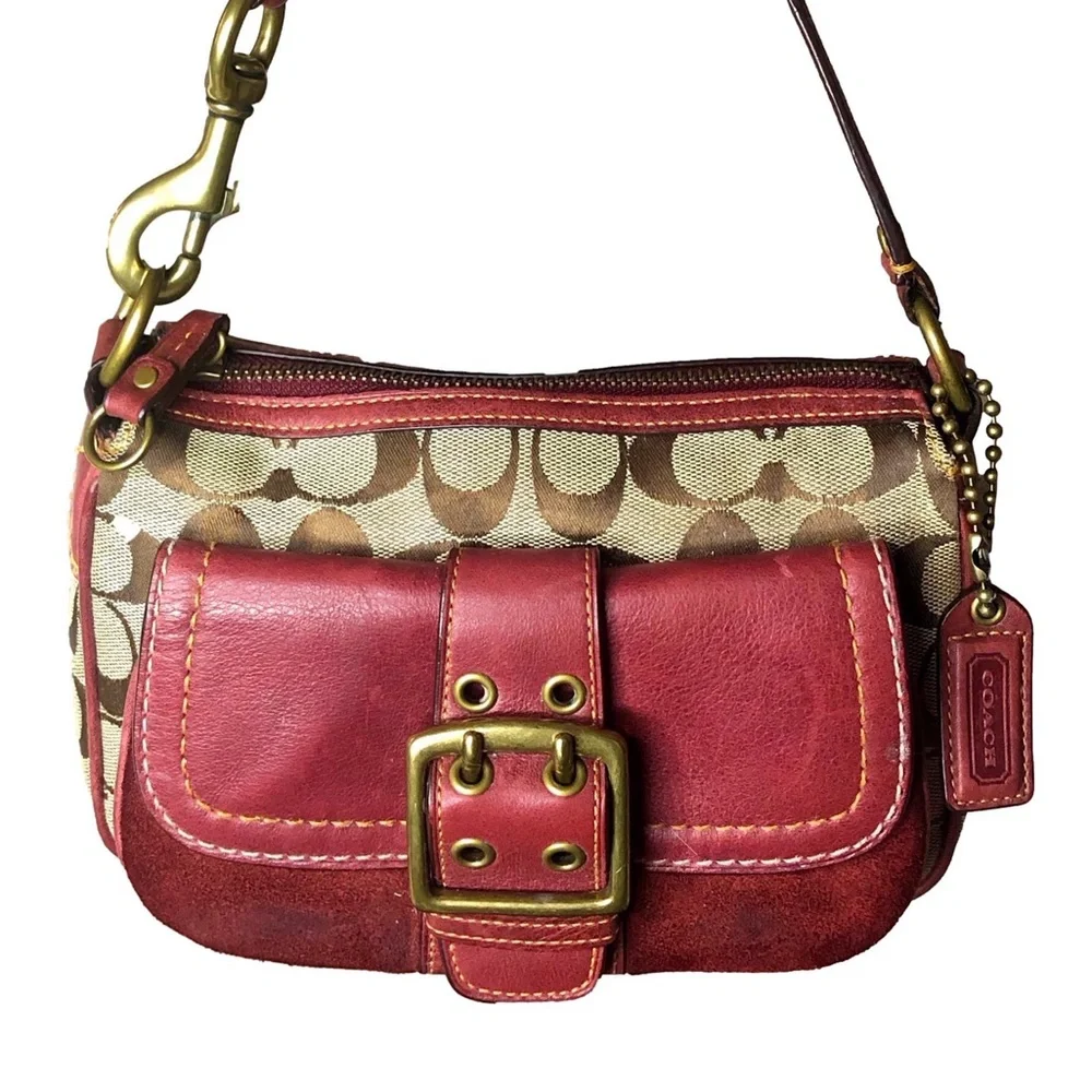 COACH Jacquard Signature C Special Edition 2004 Tan and Red Mini Shoulder Bag
